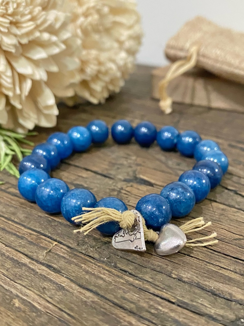 Blue Beaded Puffy Heart Charm Bracelet